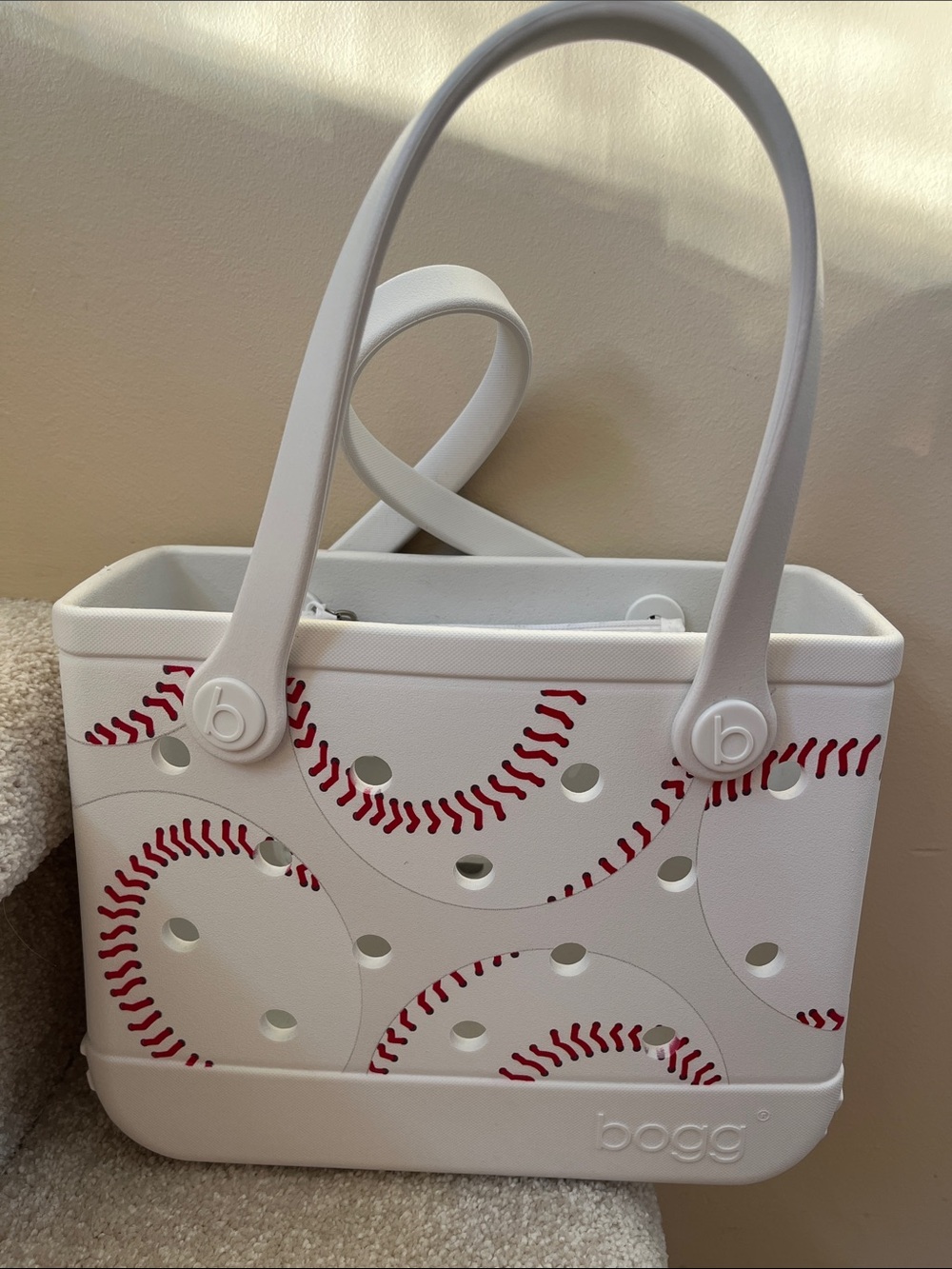 BOGG BAG White Tote with Red Baseball Stitch Accents